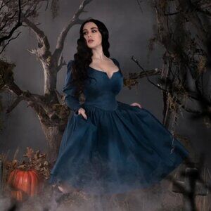 La Femme En Noir Lady Crane Dress in Blue sz Small